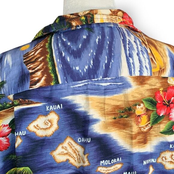 Vintage RJC Hawaiian Shirt Blue Island Map Short Sleeve Floral Aloha Boxy Camp - Picture 4 of 8